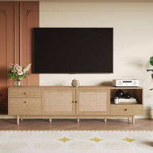LOVSON Boho TV Stand for 65, 75, 85 Inch TV, Entertainment Center with Open Storage and Drawers, Modern Wood Media TV Console with Real Rattan - 1 of 4