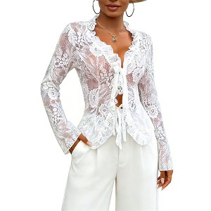 Sheer Ruffle V-Neck Blouse - Long Sleeve Lace Tie-Front Top for