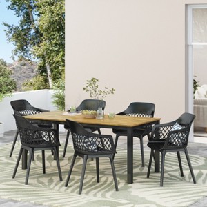 GDFStudio Miramar Outdoor 7 Piece Polypropylene Resin and Acacia Wood Dining Set with 70" Table, Black and Teak - 1 of 4