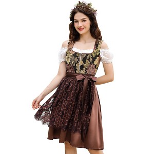 Women's Vintage Floral Jacquard & Satin Beer Festival Dress Set, 3 - Piece with Puff Sleeves & Lace Apron - 1 of 4