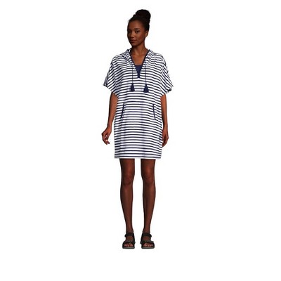 Lands' End Women's Terry V-neck Short Sleeve Hooded Swim Cover-up Dress with Pocket