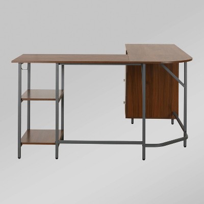 Rustic Walnut Wood Corner Gaming Desk with Drawer Storage
