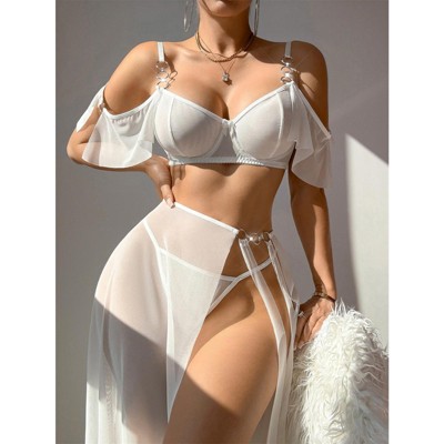 Clotth Elegent Lingerie Set - Babydoll Lingerie with Mesh & Lace Detail, Open Back with O-Ring Straps, Cute Sheer Skirt with High Slit, White