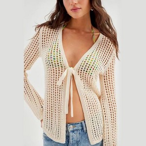 Womens Cardigan Long Sleeve Knit Lace Up Beach Cover Up Cardigan Tops - 1 of 2