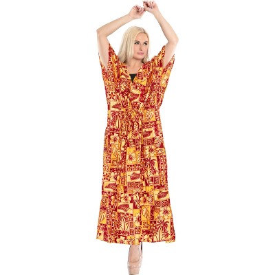 LA LEELA Women's House Daily Routine Evening Wear Holiday Casual Loungewear Loose Slit Dress Caftan Long Boho Night Shirts for Women 2X-3X Red, Floral