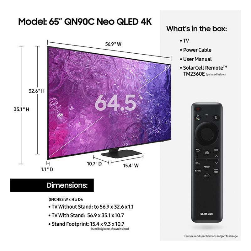 Samsung QN65QN90CA 65" Neo QLED 4K Smart TV with Quantum HDR, Dolby Atmos, Object Tracking Sound, & Ultra Viewing Angle Technology (2023), 3 of 12