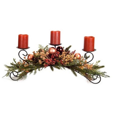 Melrose 27" Berry, Pine Cone and Ball Ornament Artificial Christmas Pillar Candle Holder - Red/Bronze