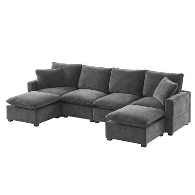 Modular Chenille Sectional Sofa with Pillows, Dark Gray, Spacious Design for Living Room, Comfortable & Stylish Seating for Family & Guests