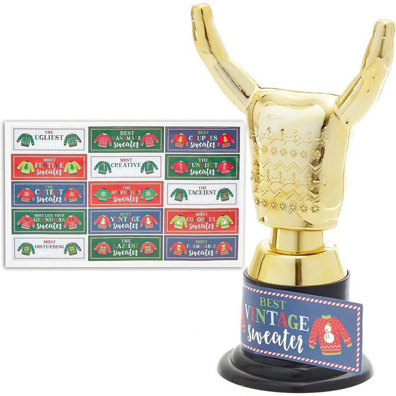 Blue Panda 12 Pack Ugly Christmas Sweater Trophy Award with Stickers for Party Decorations, 1 of 7