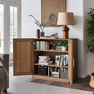 [31-inch | Modern Minimalist]Double Door Black Wood Grain Storage Cabinet (Glass Doors + Storage Compartments) - 1 of 4