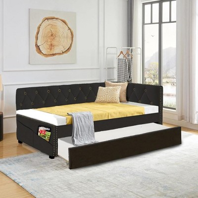 NicBex 80.5" Twin Day Bed Upholstered Velvet Fabric Daybed with Trundle, Tufted Button, and 2 Pockets on Both Sides for Apartment
