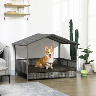 Charcoal Gray Elevated Wicker Outdoor Dog Bed with Canopy