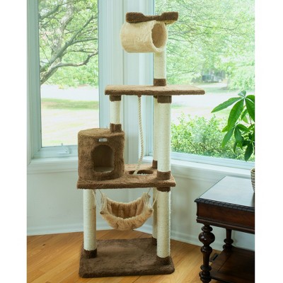 Tan Freestanding Cat Tree with Sisal Scratch Posts and Hammock