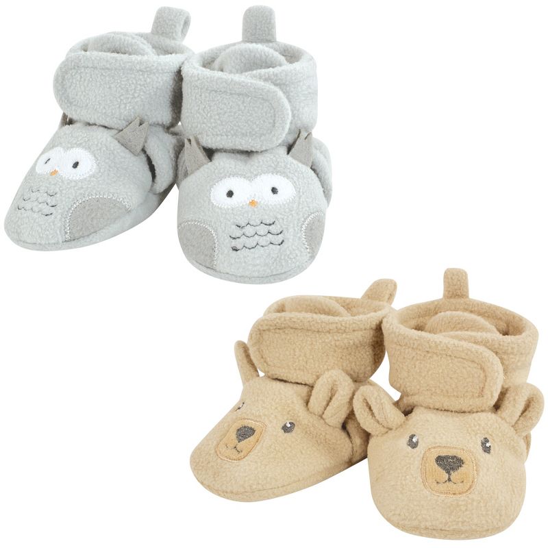 Hudson Baby Unisex Baby Animal Fleece Booties 2-Pack, Gray Owl Bear, 1 of 5