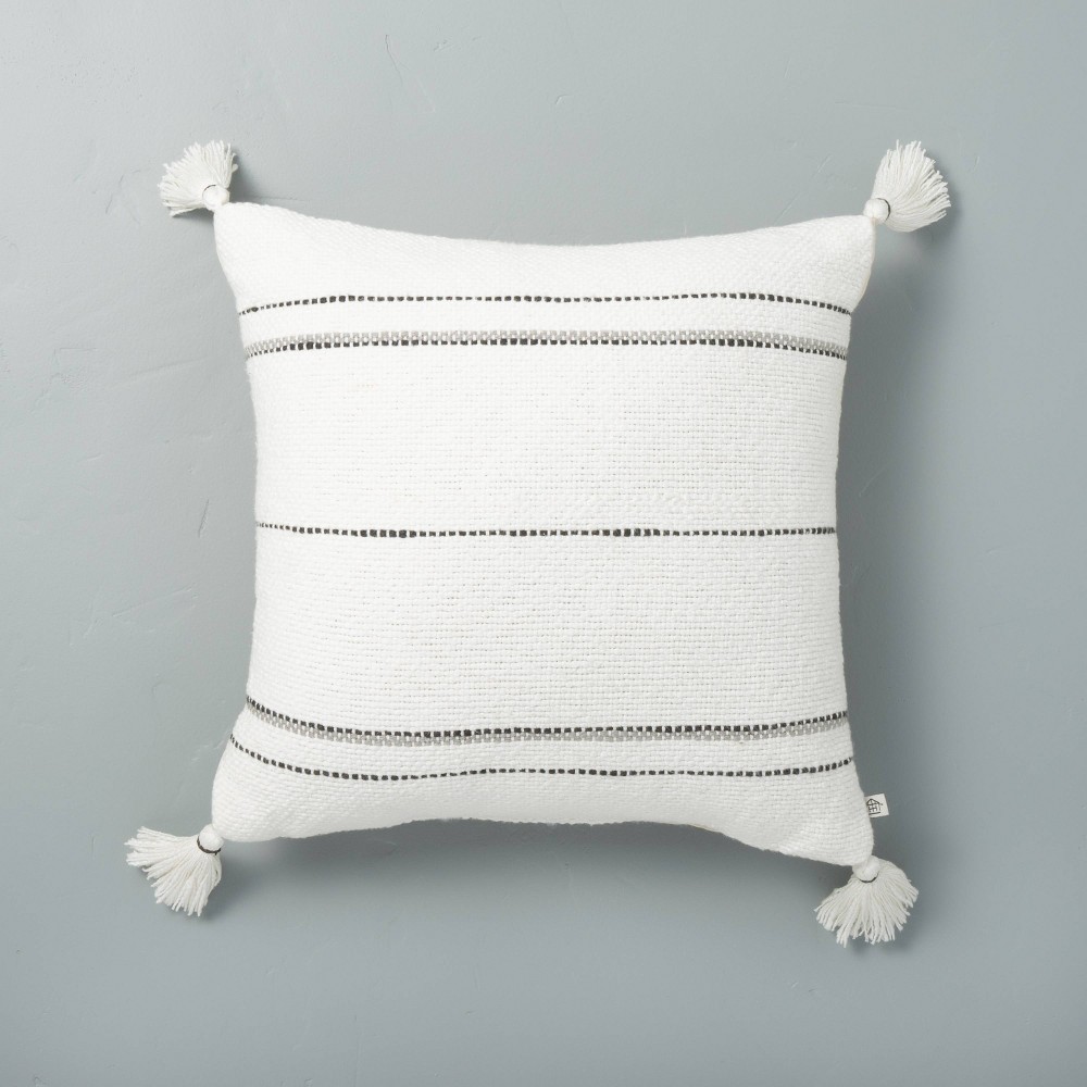 18" x 18" Dotted Stripes with Tassels Throw Pillow Sour Cream/Gray - Hearth & Hand with Magnolia