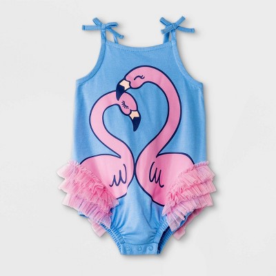 Baby Girls' Flamingo Ruffle Romper - Cat & Jack™ Blue Newborn