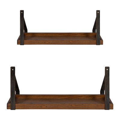 Rustic Brown Wood and Iron Floating Wall Shelf Set