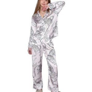 Anna-Kaci Lounge Women's Cheetah Print Woven Pajama Set with Long Sleeve Button Down Top and Relaxed Fit Straight Leg Pants - 1 of 4