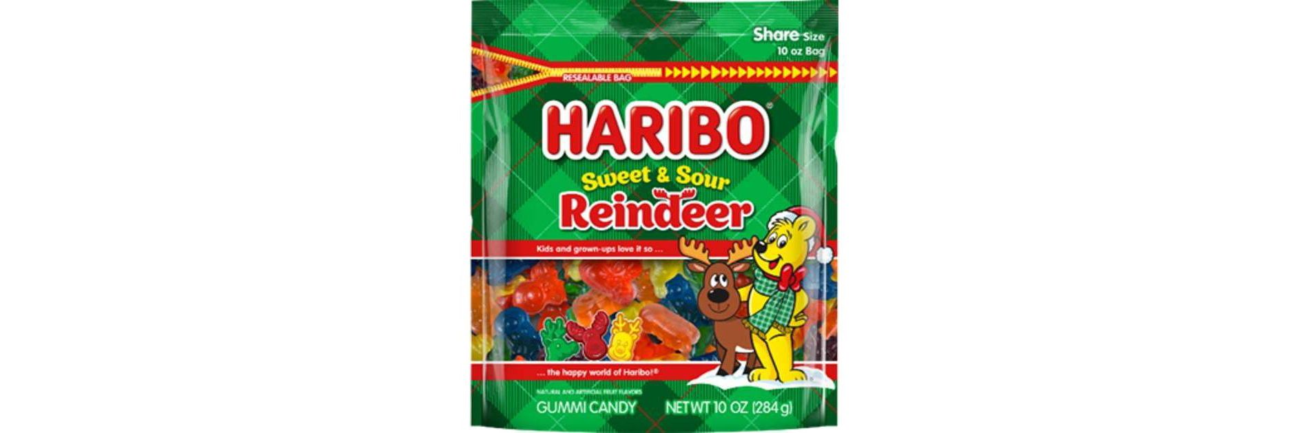 HARIBO Sweet and Sour Christmas Reindeer Gummy Candy Stocking Stuffers - 10oz