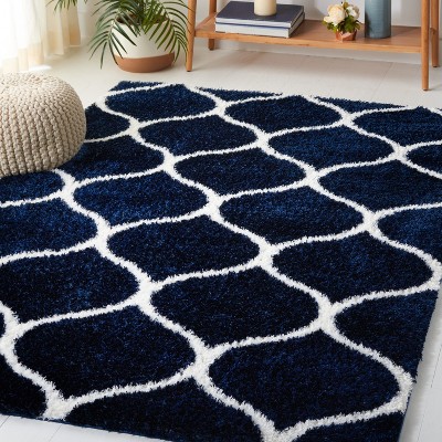 Navy and White Geometric Shag Area Rug 4' x 6'