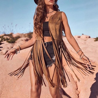 Women's Fringe Suede Vest Boho Sleeveless Tassel Jacket