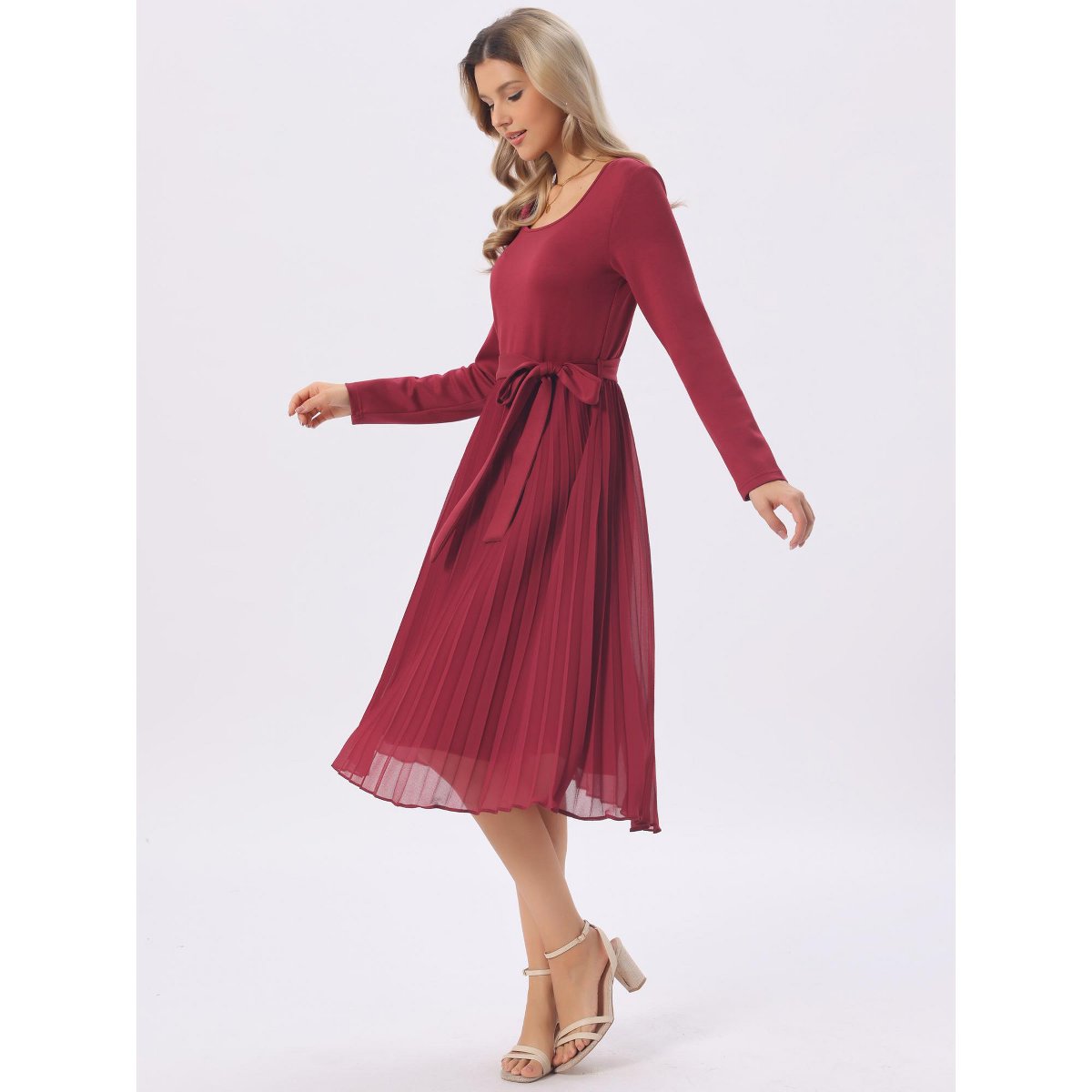 Женские платья INSPIRE CHIC Women's Flowy Long Sleeve Crew Belted Pleated Casual A Line Midi Dresses Wine Red Small — фото 4