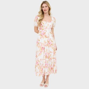 August Sky Women's Square Neckline Short Sleeves Floral Midi Dress - 1 of 4