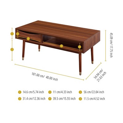Dawson 40" Walnut Mid-Century Modern Coffee Table with Brass Accents