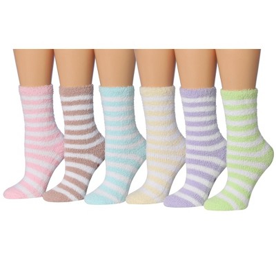 Tipi Toe Women's 6-Pairs Cozy Microfiber Anti-Skid Striped Rainbow Bliss Patterned Soft Fuzzy Crew Socks