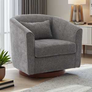 28.4" Chenille Swivel Barrel Chair with Wood Base and Thick Cushion - 1 of 4