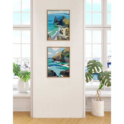 Colorful Coastal Cliff Canvas Art Set in Natural Frame, 18x24, 2-Piece