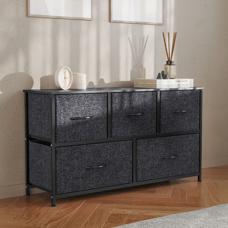 Flash Furniture Harris 5 Drawer Vertical Storage Dresser with Cast Iron Frame, Wood Top and Easy Pull Fabric Drawers with Wooden Handles, 4 of 12