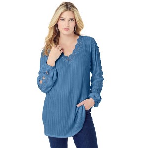 Roaman's Women's Plus Size Lace Trim And appliquéd Tee - 1 of 4