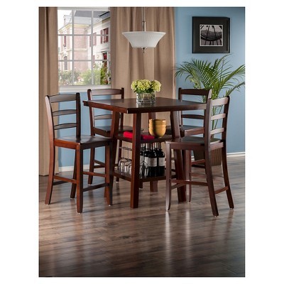 Transitional Brown Square Pub Table with 4 Ladder Back Chairs