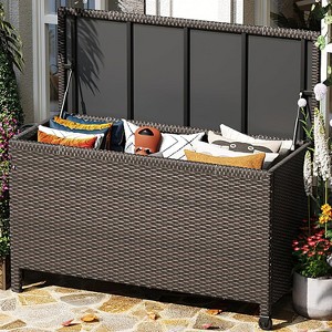 Outdoor Garden Deck Box, PE Rattan Wicker Patio Large Storage Box with Handles and Wheels, 110 Gallon, for Patio Furniture, Garden Tools - 1 of 4