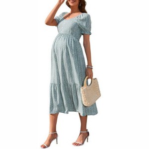 Coolmee Maternity Dress Summer Ruffle Short Sleeve V Neck Smocked Midi Dress Baby Shower Photoshoot - 1 of 4