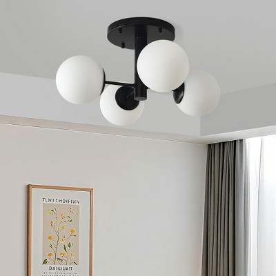 PAKOKULA 21.7 in. 4-Light Black Industrial Semi-Flush Mount Ceiling Light with White Glass Shades, Dimmable Fixture for Dining Room