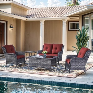 Gymojoy 5 Piece Outdoor Wicker Loveseat Sofa with Patio Chairs with Coffee Table and Side Table - 1 of 4