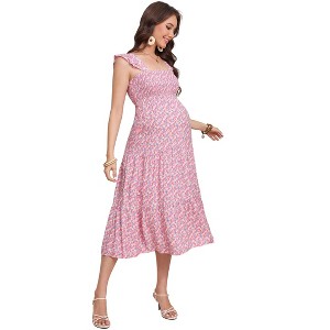 Womens Square Neck Smocked Maternity Dress Flutter Sleeve Summer Maxi Sundress - 1 of 4