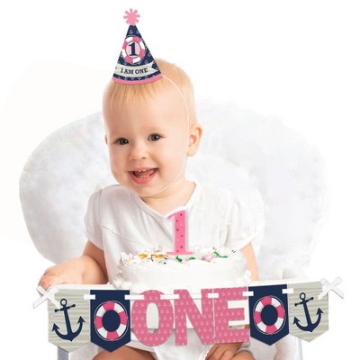 Big Dot of Happiness Ahoy - Nautical Girl 1st Birthday - First Birthday Girl Smash Cake Decorating Kit - High Chair Decorations