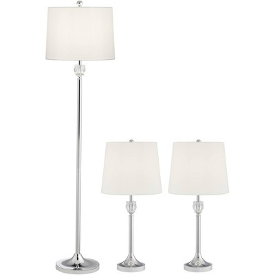 Barnes and Ivy Romley Traditional 3-Piece Floor and Table Lamp Set Silver Clear Chrome Finish Crystal Metal White Shade Living Room Bedroom Bedside