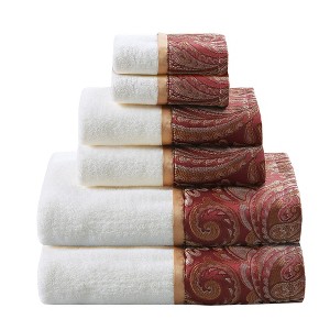 Vynxaria Burgundy and Taupe Jacquard Cotton Towel 6 Piece Set - 1 of 4