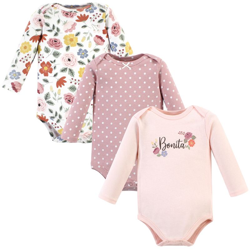 Hudson Baby Infant Girl Cotton Long-Sleeve Bodysuits, Bonita 3 Pack, 1 of 6