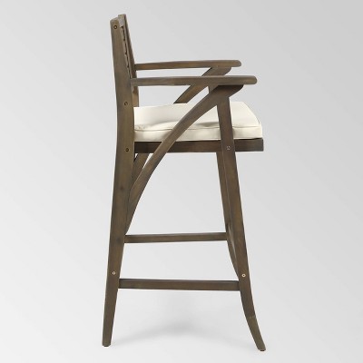 Hermosa Gray Acacia Wood Outdoor Barstools with Cream Cushions, Set of 4