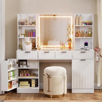 PAKASEPT 55'' W Makeup Vanity Desk with Mirror and Lights, Glass Top with Charging Station, 3 Lighting Modes, 4Drawers, 2 Cabinet for Bedroom