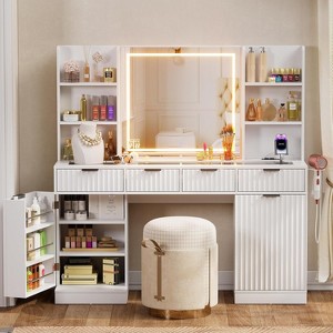 PAKASEPT 55'' W Makeup Vanity Desk with Mirror and Lights, Glass Top with Charging Station, 3 Lighting Modes, 4Drawers, 2 Cabinet for Bedroom - 1 of 4