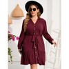 Women's Plus Size Long Sleeve Dress V Neck Button Front Belted Shirt Dress A Line Ruffle Midi Dress - 2 of 4
