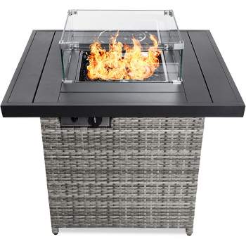 Best Choice Products 32in Fire Pit Table 50,000 BTU Outdoor Wicker Patio w/ Wind Guard, Glass Beads, Cover