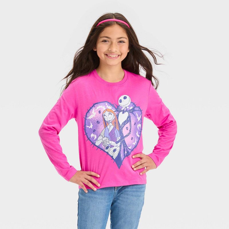 Girls&#39; The Nightmare Before Christmas Jack &#38; Sally Long Sleeve Graphic T-Shirt - Pink, 1 of 6