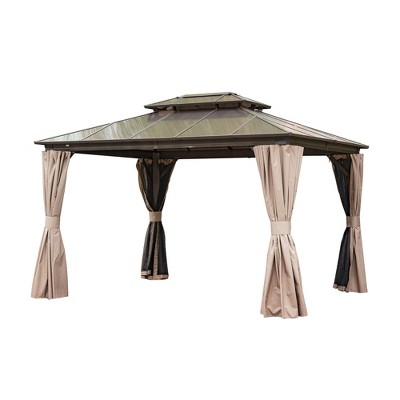 VisioGear Canopies and Gazebos, Outdoor Gazebos with Double Roof, Gazebo Pavilion with Curtain and Net for Garden, Brown, 142.9"*117.3"*109.8"